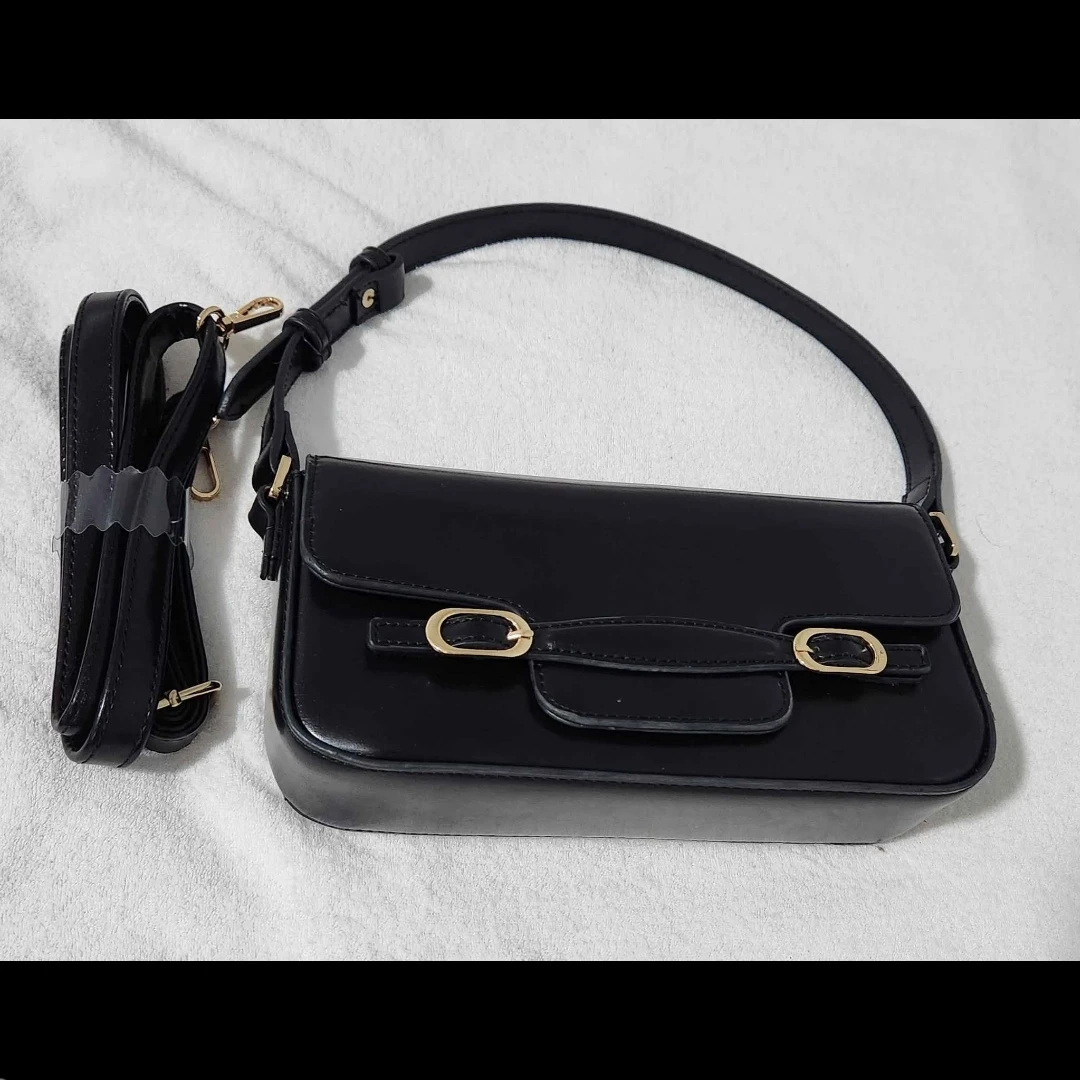 Black Shoulder Bag with Gold Accents