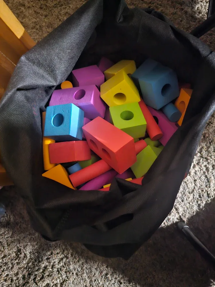 Bag of colourful foam building blocks