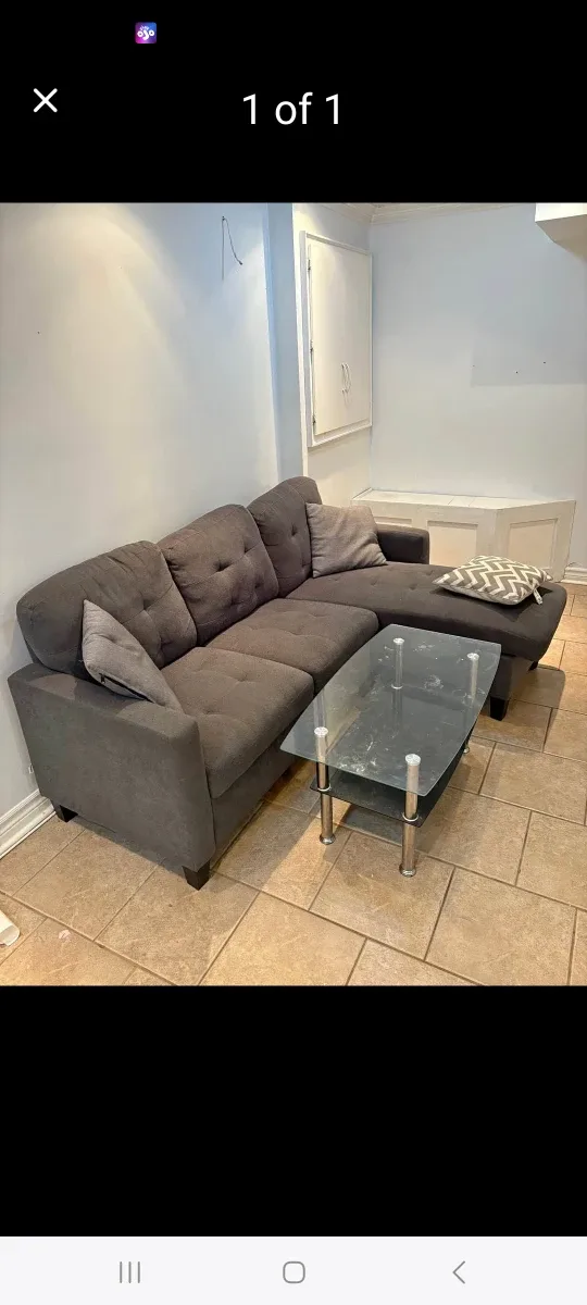 Free delivery Grey Sectional Sofa with Glass Coffee Table