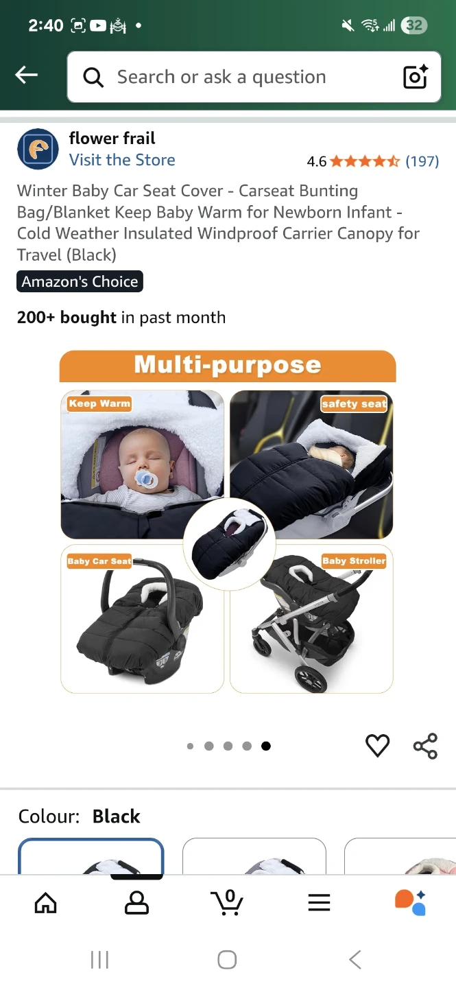 Flower Frail Winter Baby Car Seat Cover - Black