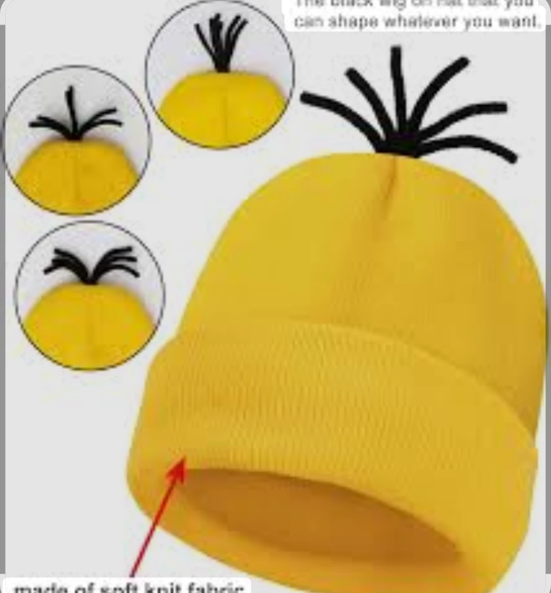 Yellow Knit Beanie with Black Wig - New! - photo 2