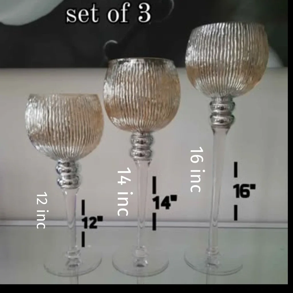 Set of 3 Silver Glass Candle Holders