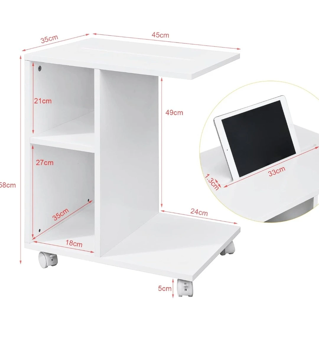 Side Table with Slot for iPad,Coffee Table with Wheels, White - photo 5