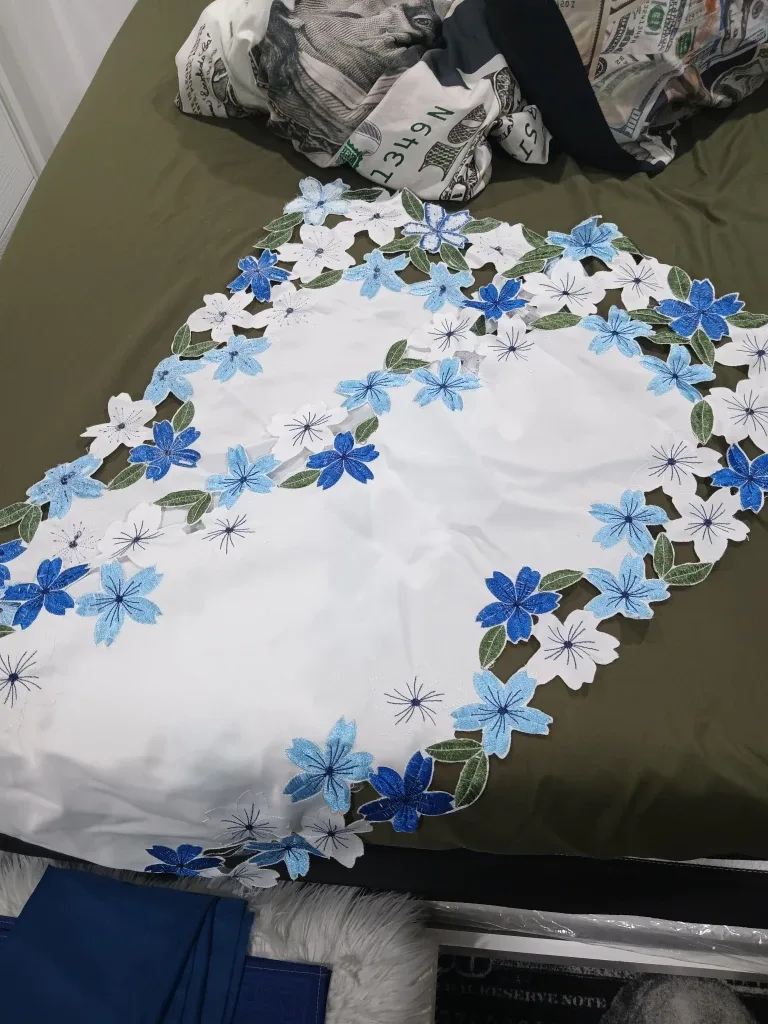 Floral Embroidered Table Skirt - Blue & White