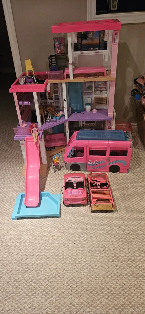 Barbie Dreamhouse, Camper, and Cars