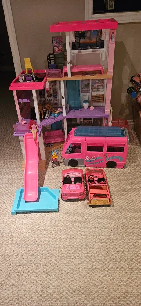 Barbie Dreamhouse, Camper, and Cars