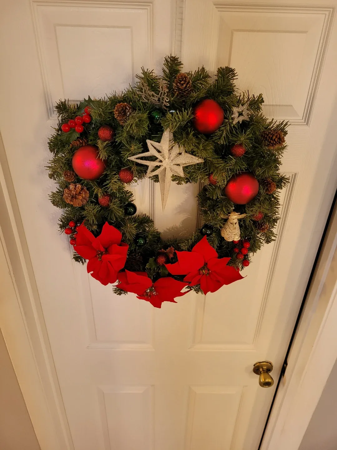 Crafted Christmas Wreath w/ Red Poinsettias & Ornaments 19" image indicator(8)