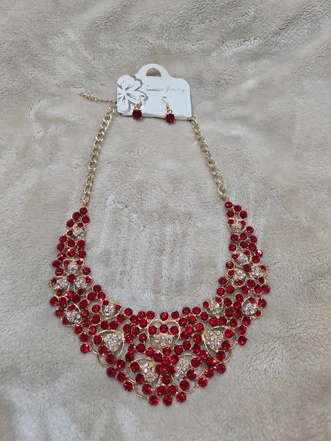 Red & Gold Fashion Jewelry Necklace & Earrings Set