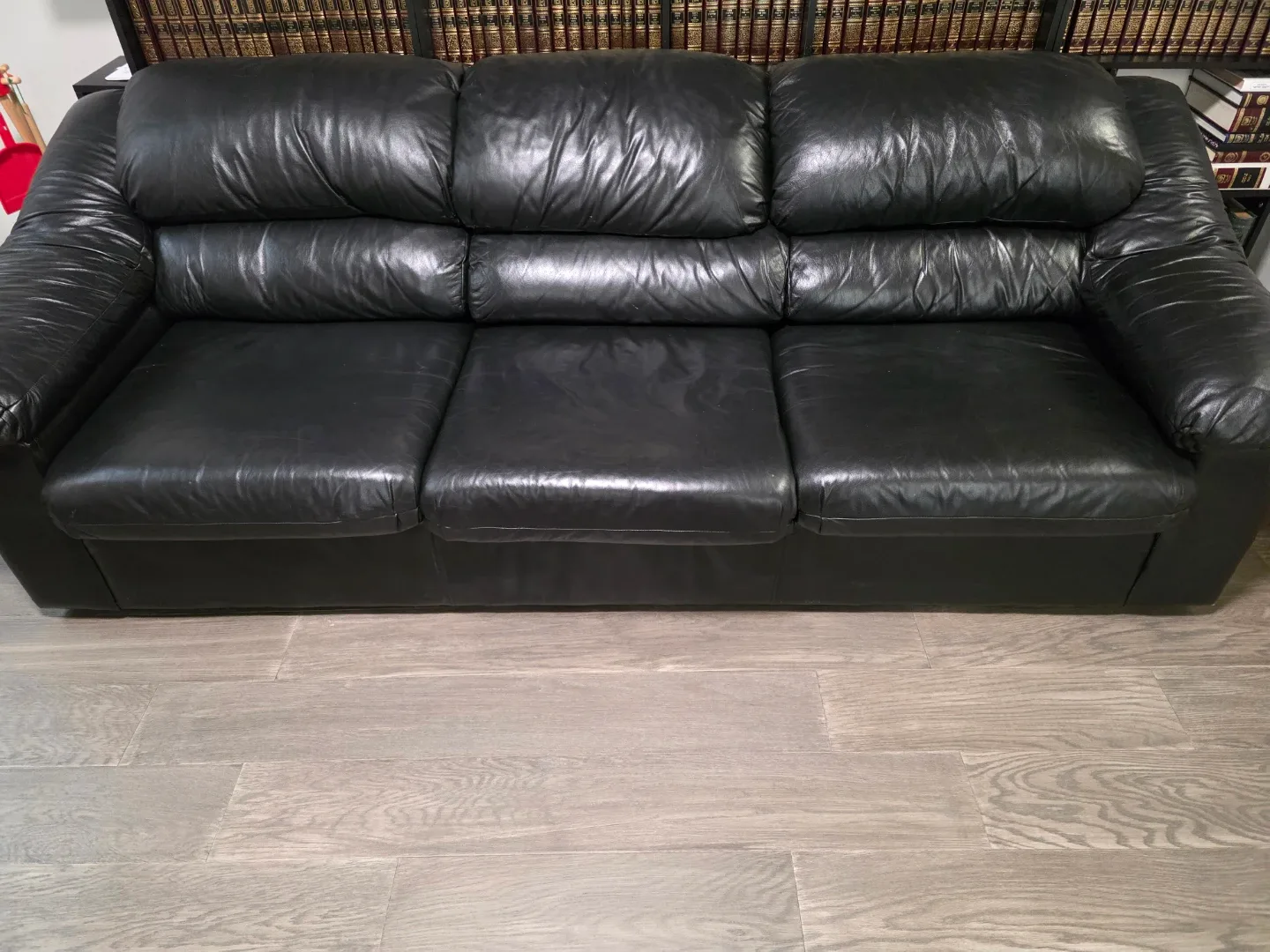 Black Leather Three-Seat Sofa