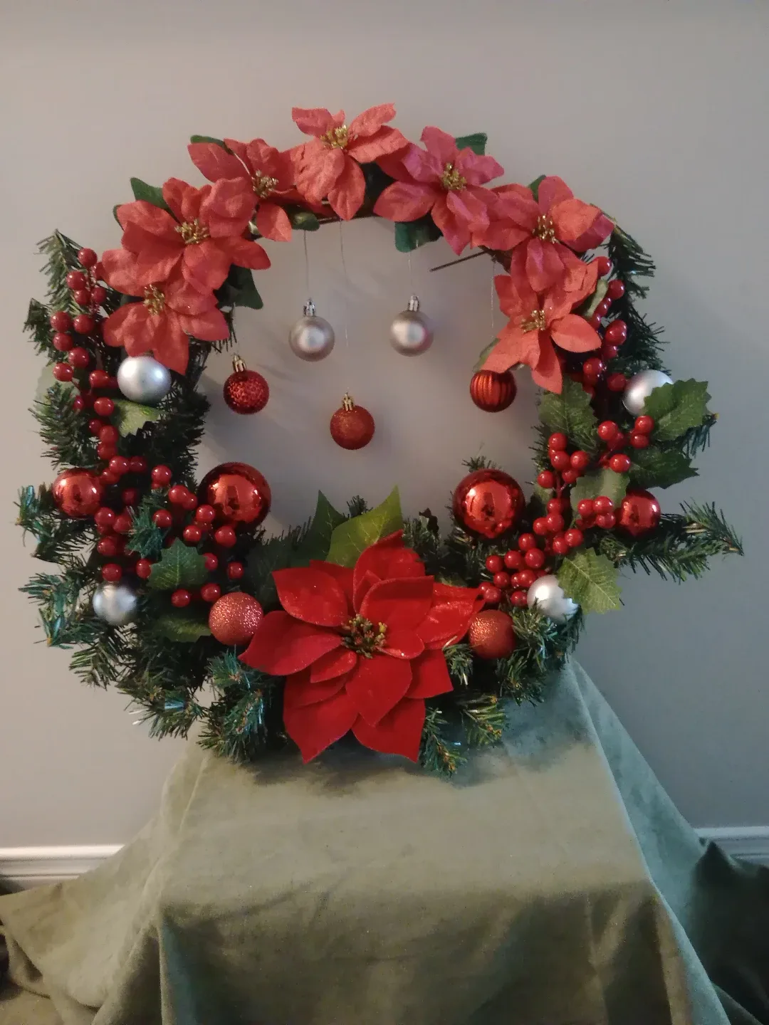 Christmas Wreath with Poinsettias & Ornaments