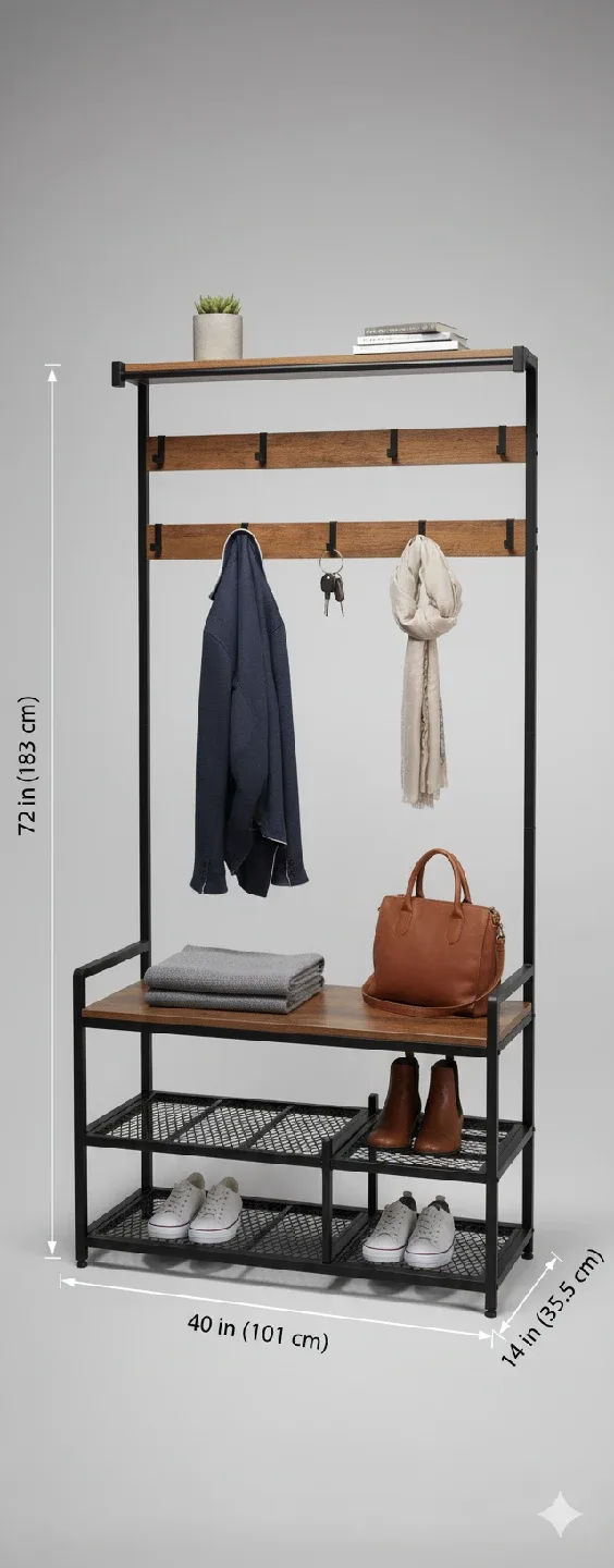 Hall Tree with Bench & Storage, 72"x40"