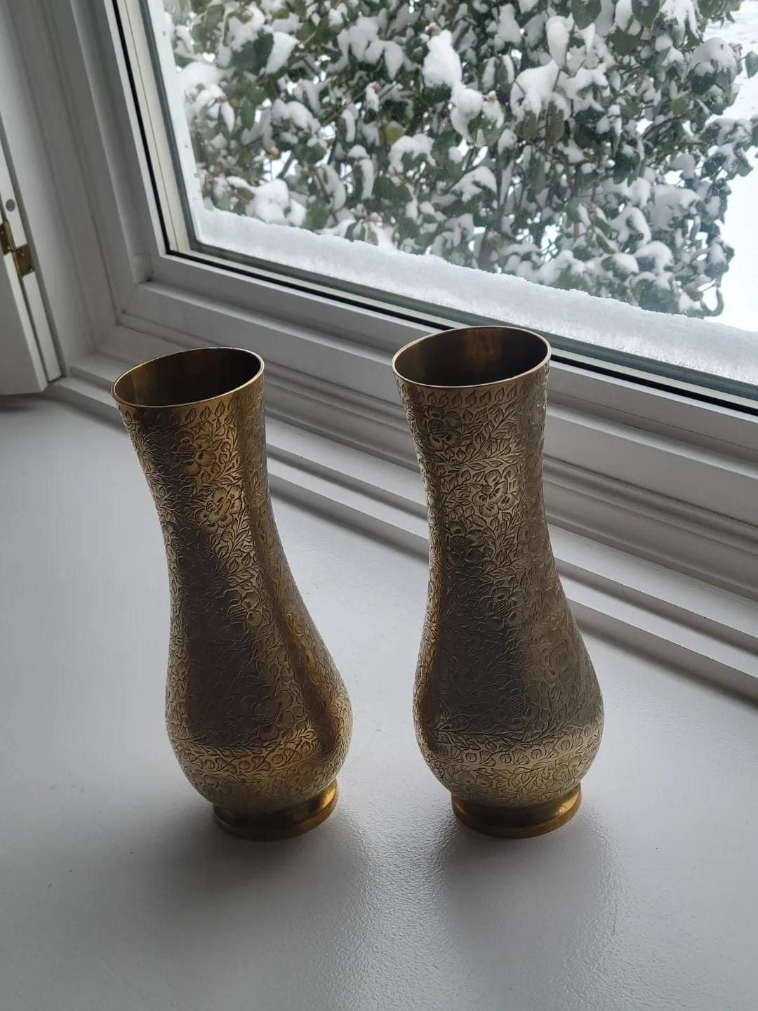 Vintage Ornate Brass Etched Floral Vases.Christmas Decor. 10"t image indicator(7)