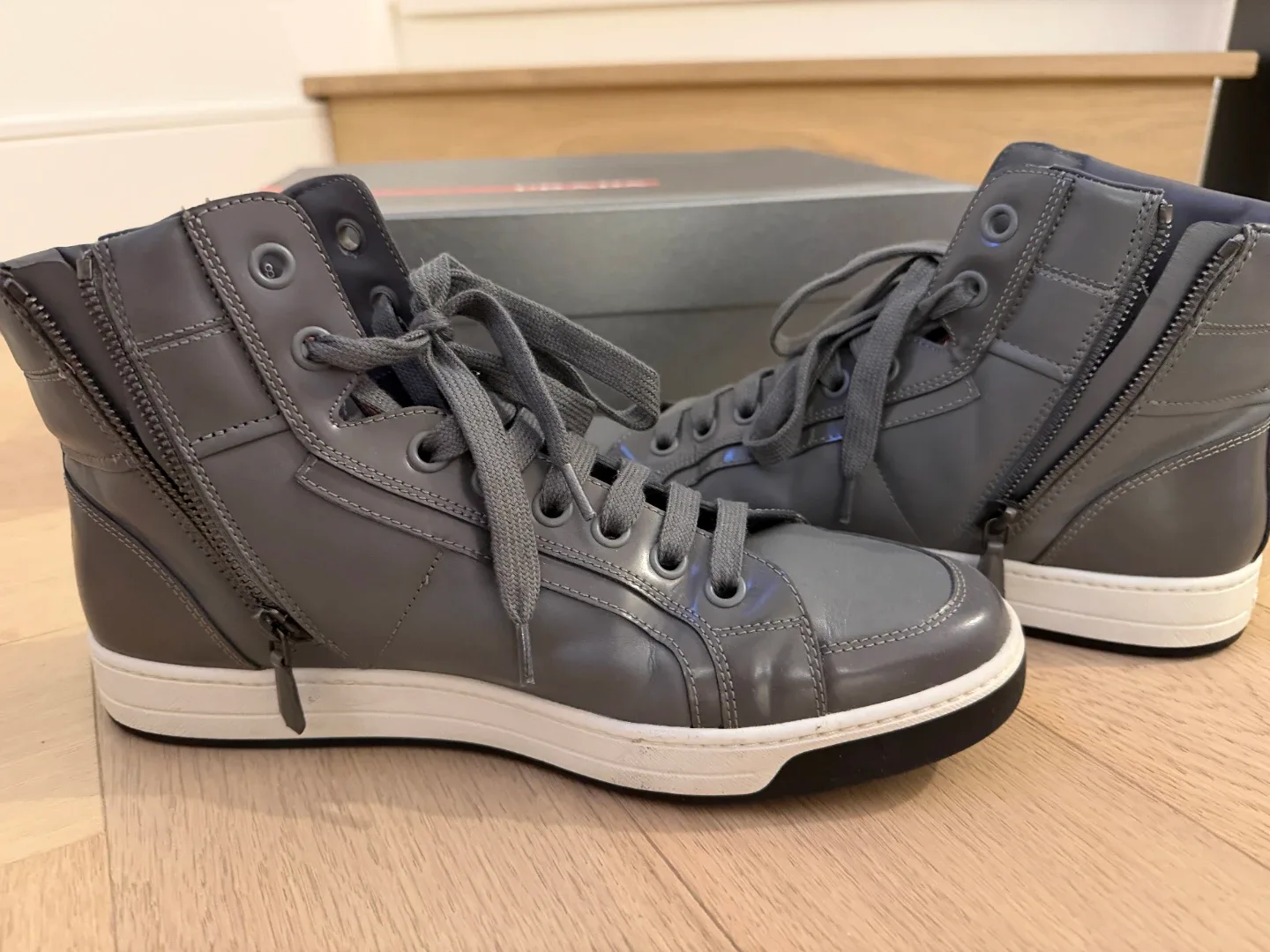 Prada Grey Leather High-Top Sneakers image indicator(3)