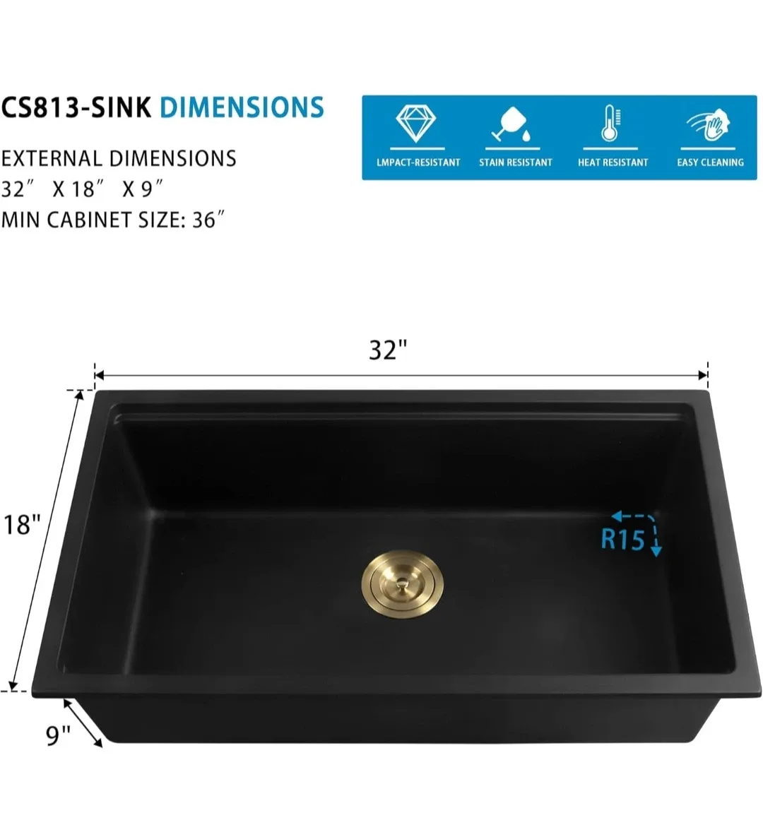 32" x 18" Black Kitchen Sink image indicator(4)