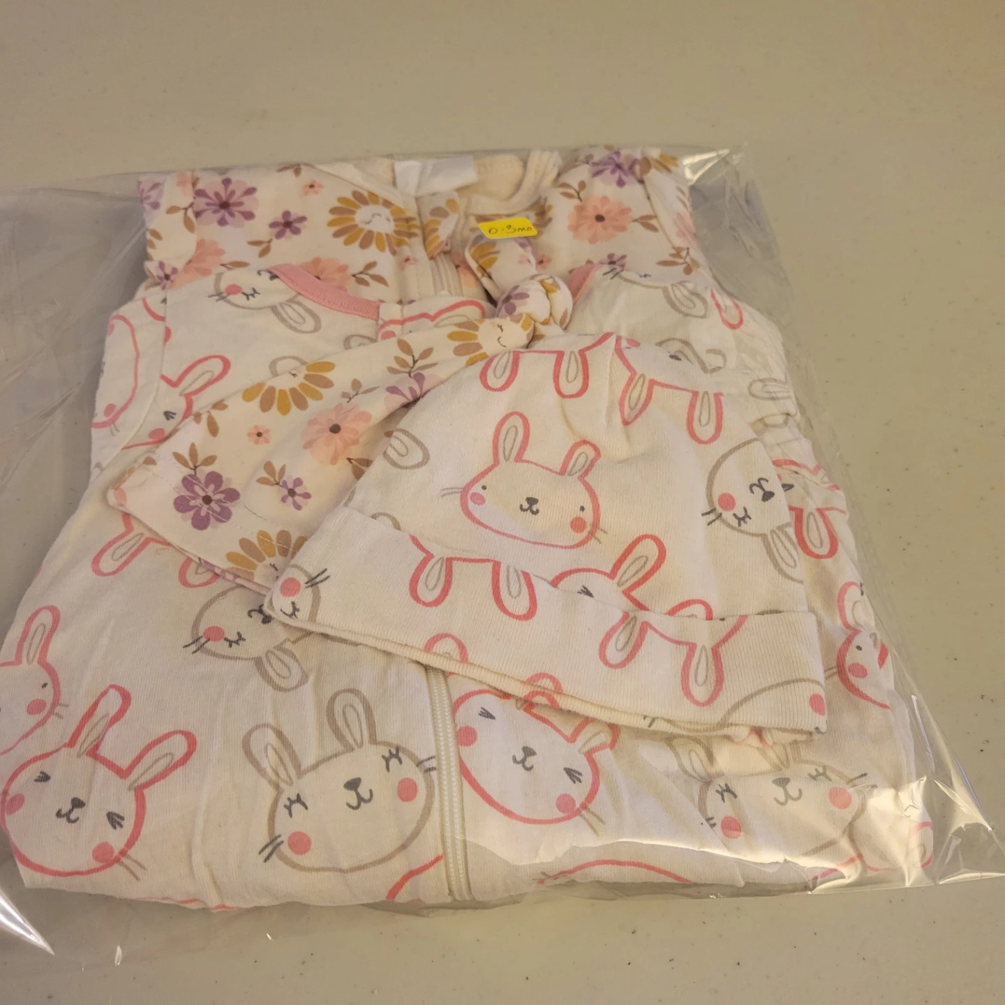 Baby Sleepers with Hats - Floral and Bunny Prints 0-3mo
