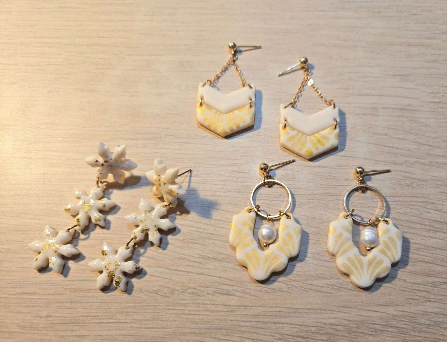 Handmade White & Gold Polymer Clay Earrings, Clearance