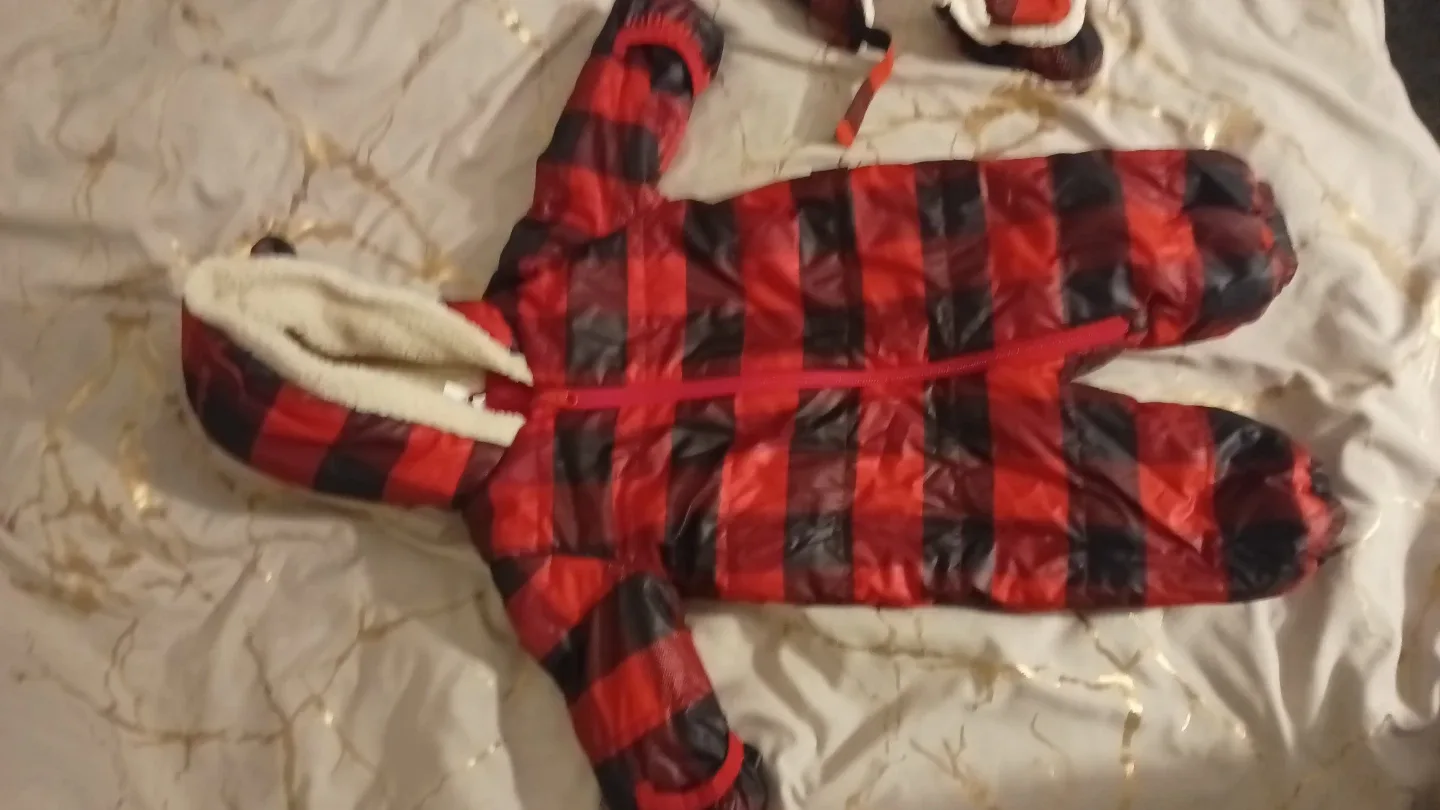 Red & Black Plaid Padded Snowsuit with Hat & Booties