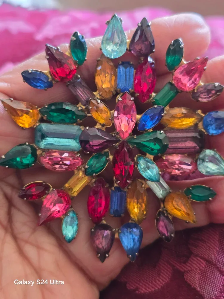 Vintage Multicolor Rhinestone Snowflake Brooch