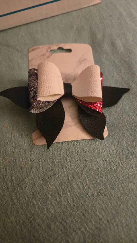 Handmade Hair Bow - Black, White, Red Glitter image indicator(2)