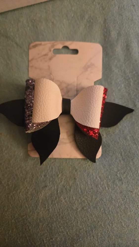 Handmade Hair Bow - Black, White, Red Glitter image indicator(3)