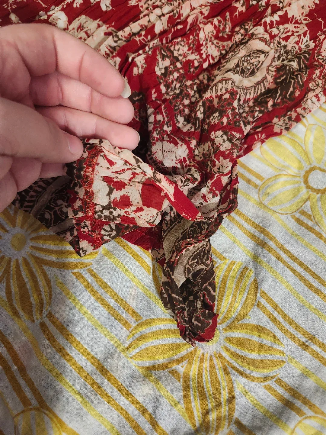 Red and brown paisley print blouse with lace trim and pleats image indicator(4)