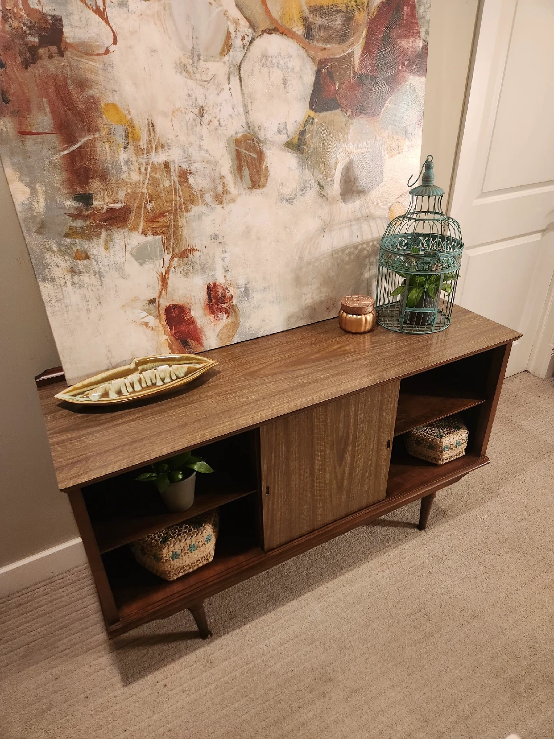 mid Century display Console Table with hidden storage