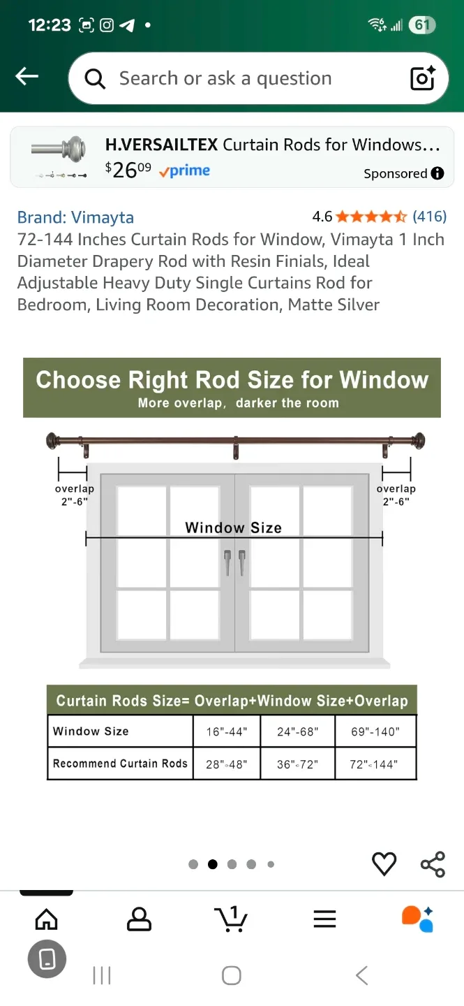 Vimayta Curtain Rod 72-144 Inches - Matte Silver image indicator(2)