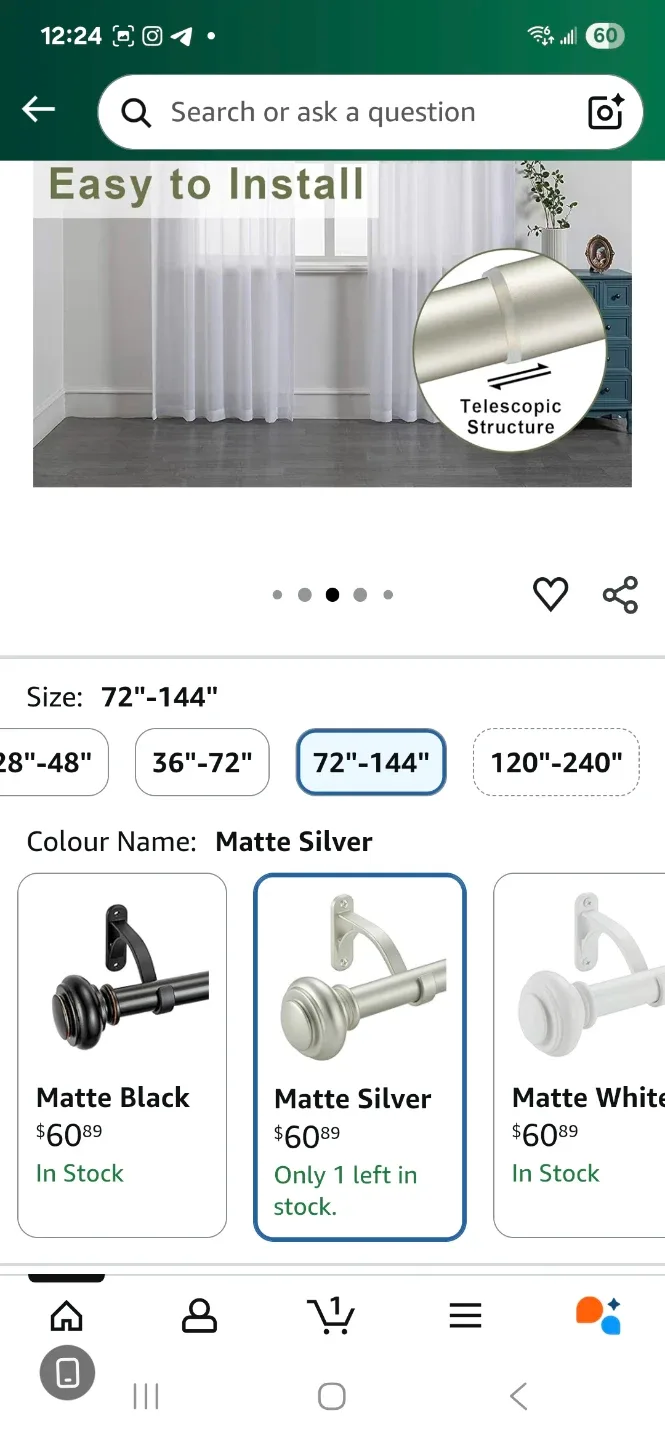 Vimayta Curtain Rod 72-144 Inches - Matte Silver image indicator(3)