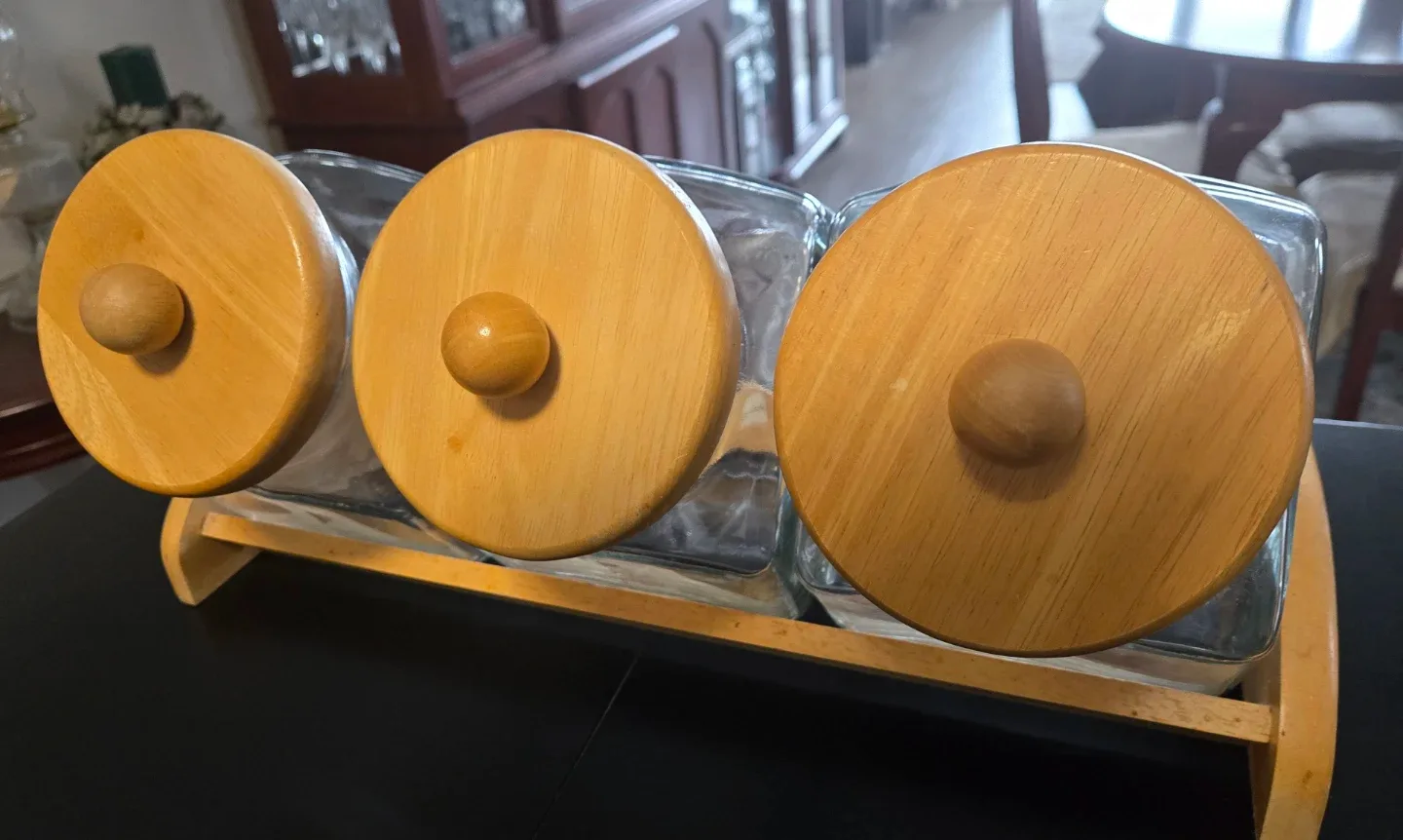 Vintage Glass Cannister Set with Wood Lids image indicator(8)