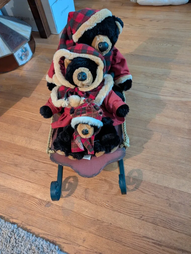 3 plush Collectible Black Bear Family on Sleigh