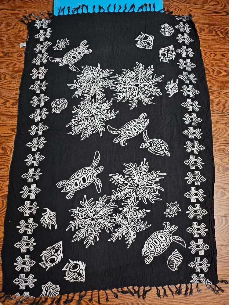 Black Sarong with Turtle and Palm Tree Print