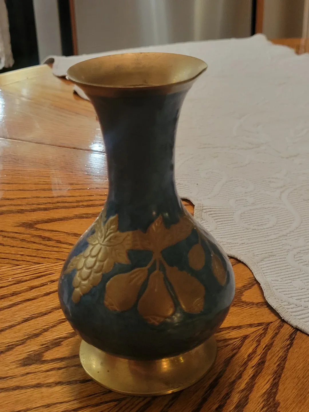 Vintage Brass Teal Fruit Motif Vase image indicator(5)