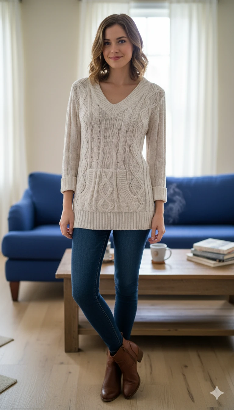 Cream Cable Knit V-Neck Sweater