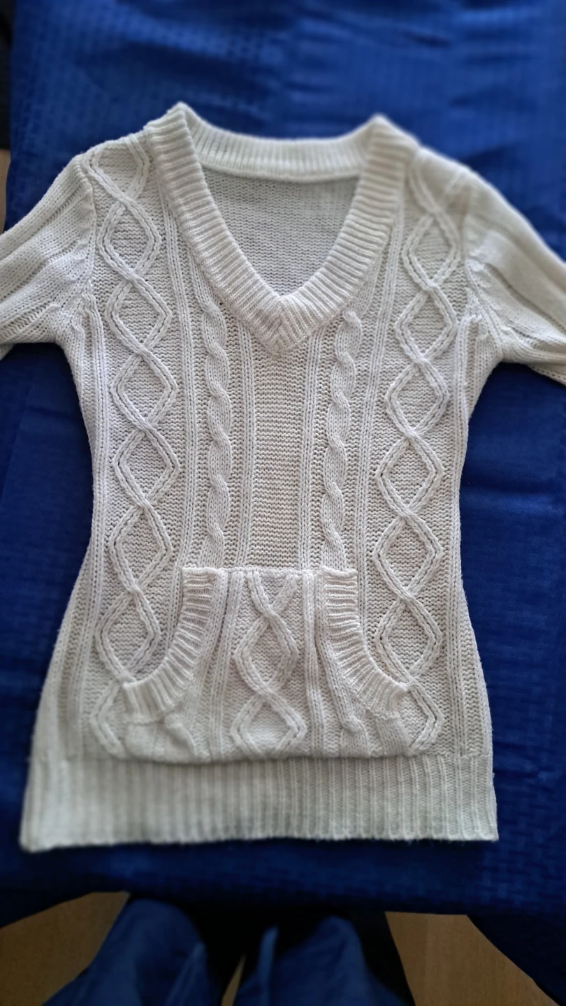 Cream Cable Knit V-Neck Sweater - photo 2