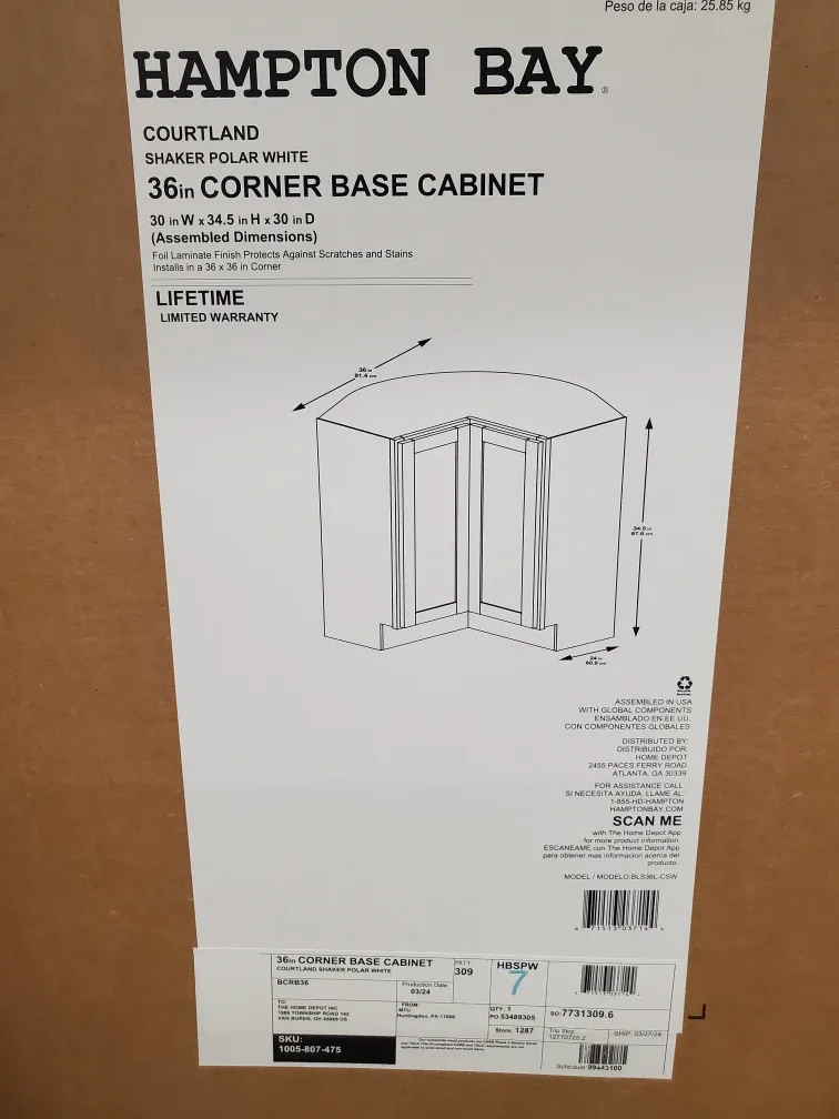 Hampton Bay Courtland 36" Corner Base Cabinet - New in Box! image indicator(5)