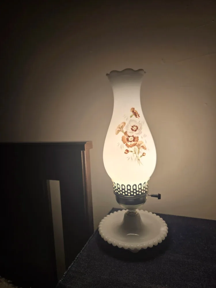 Vintage Floral Milk Glass Hurricane Lamp