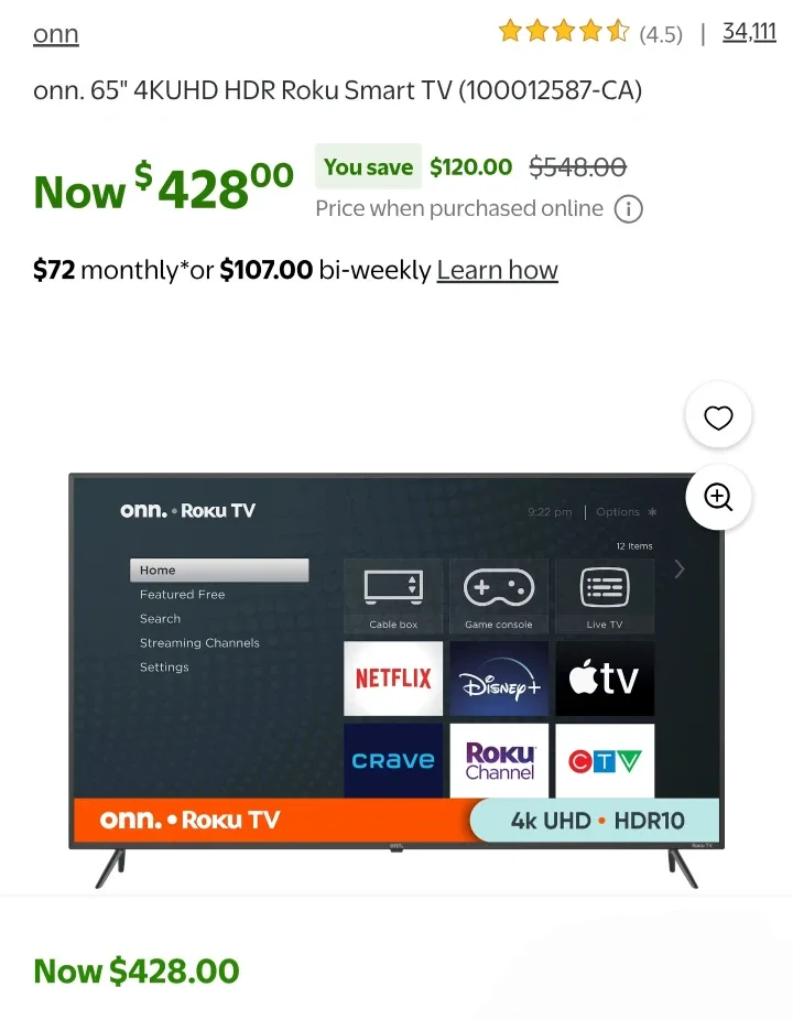 onn. 65" 4KUHD HDR Roku Smart TV (100012587-CA)