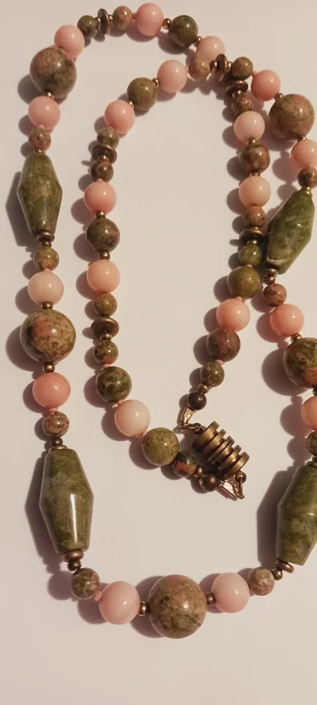 Genuine Unakite Stone & Angel Skin Coral Beaded Necklace image indicator(4)