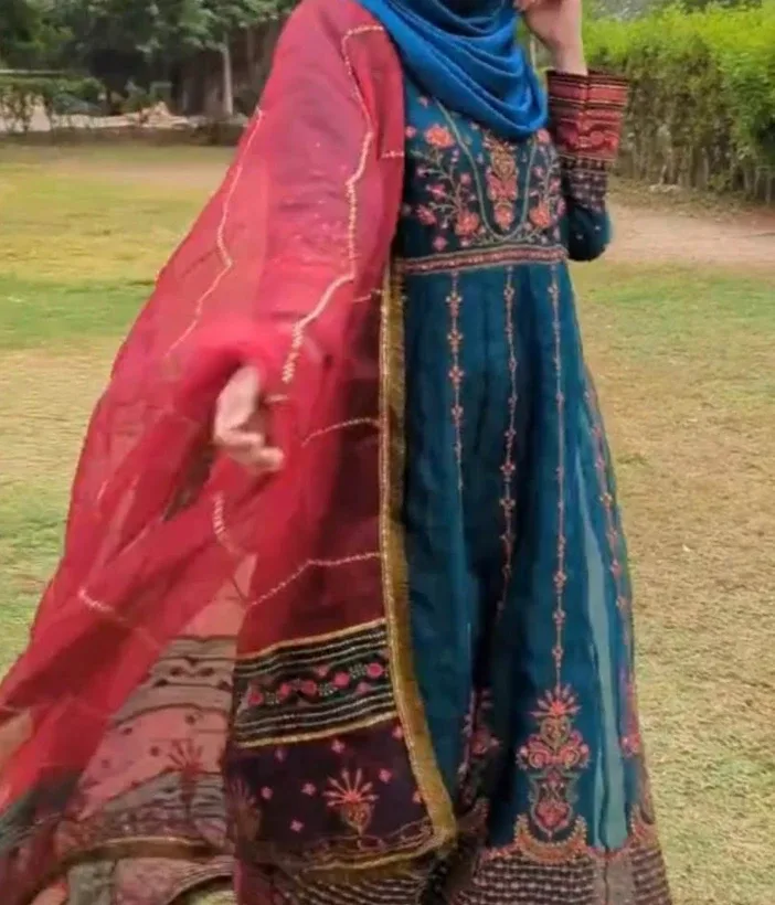 Teal & Red Embroidered Anarkali Dress image indicator(5)