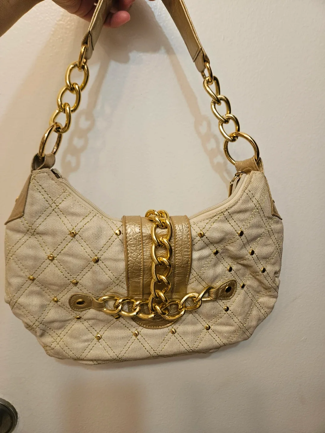Beige & Gold Chain Detail Shoulder Bag