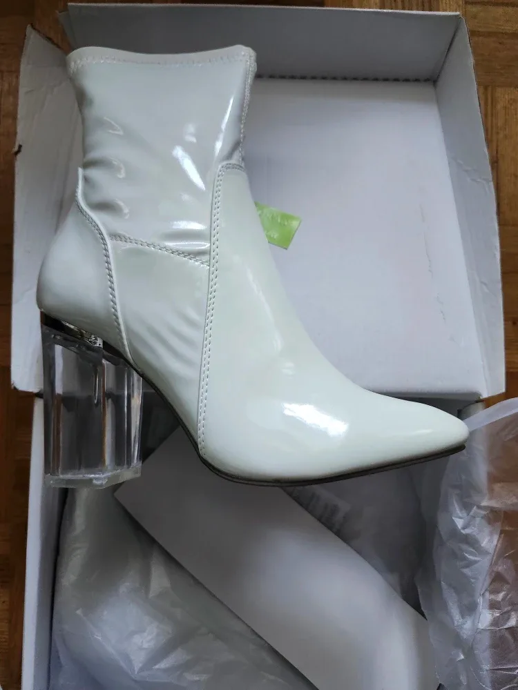White Patent Lucite Heel Booties - Size 6
