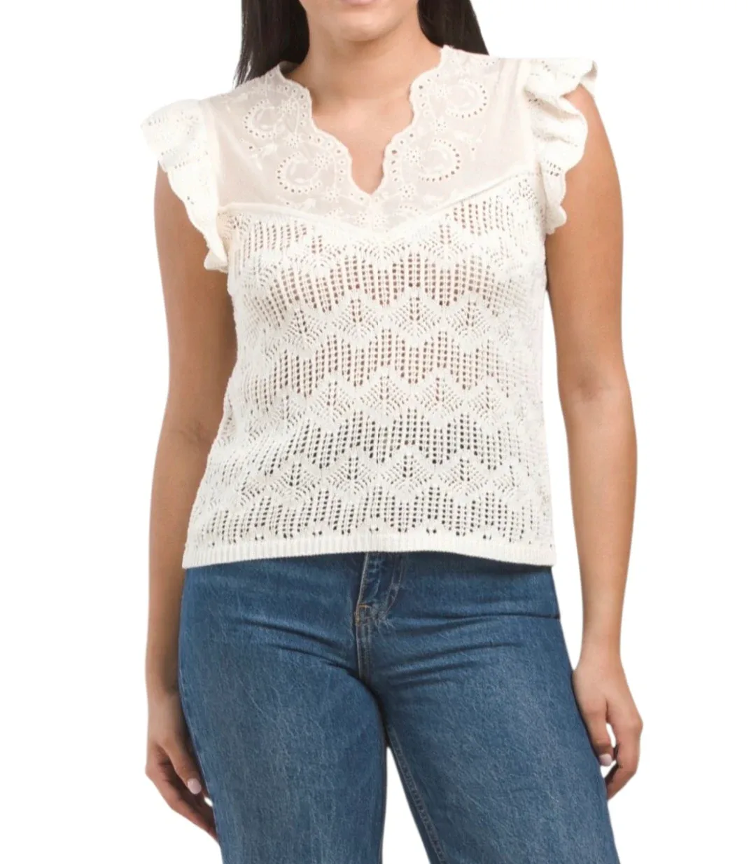 Adiva Short Flutter Sleeve Crochet Sweater Top | Size M image indicator(2)