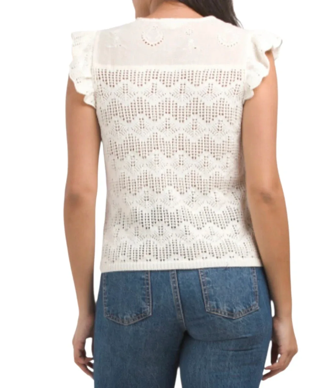 Adiva Short Flutter Sleeve Crochet Sweater Top | Size M image indicator(3)