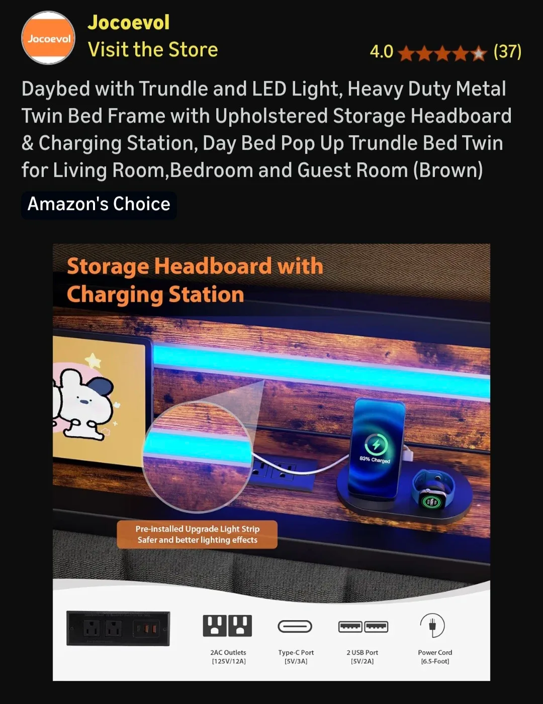 Jocoeval Daybed with Trundle and LED Light - Twin image indicator(4)