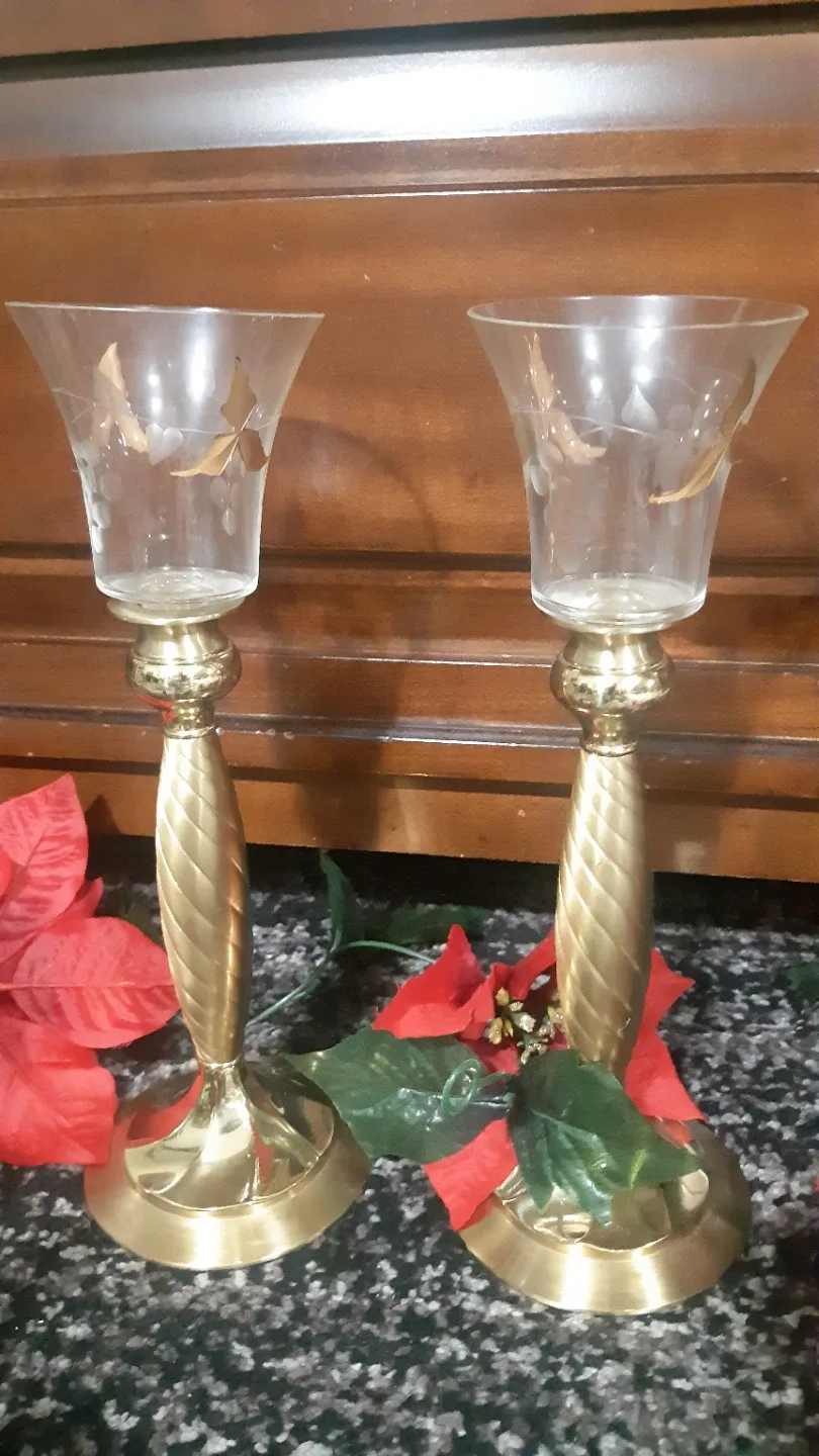Solid Brass & Glass Candle Holders (Pair) image indicator(2)
