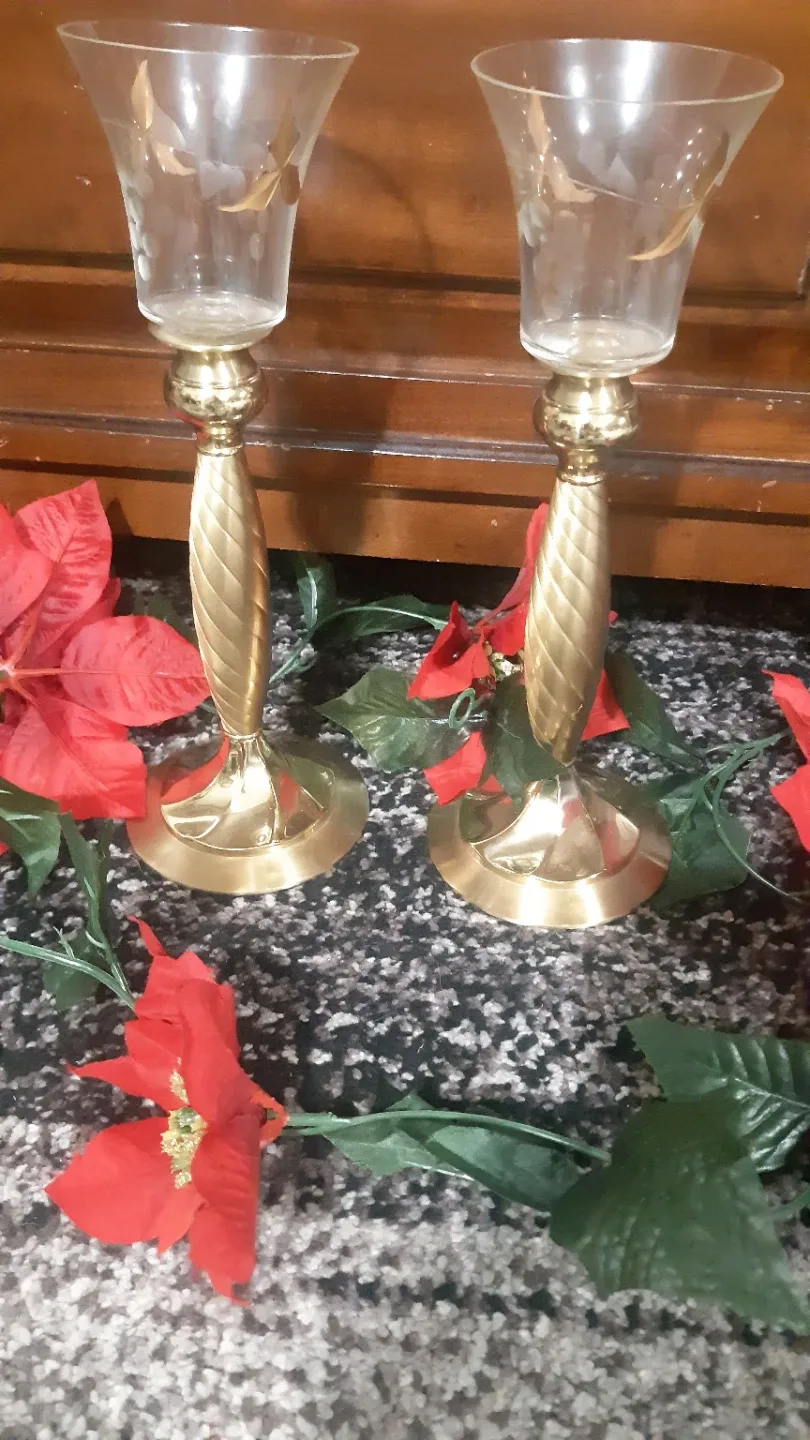Solid Brass & Glass Candle Holders (Pair) image indicator(3)