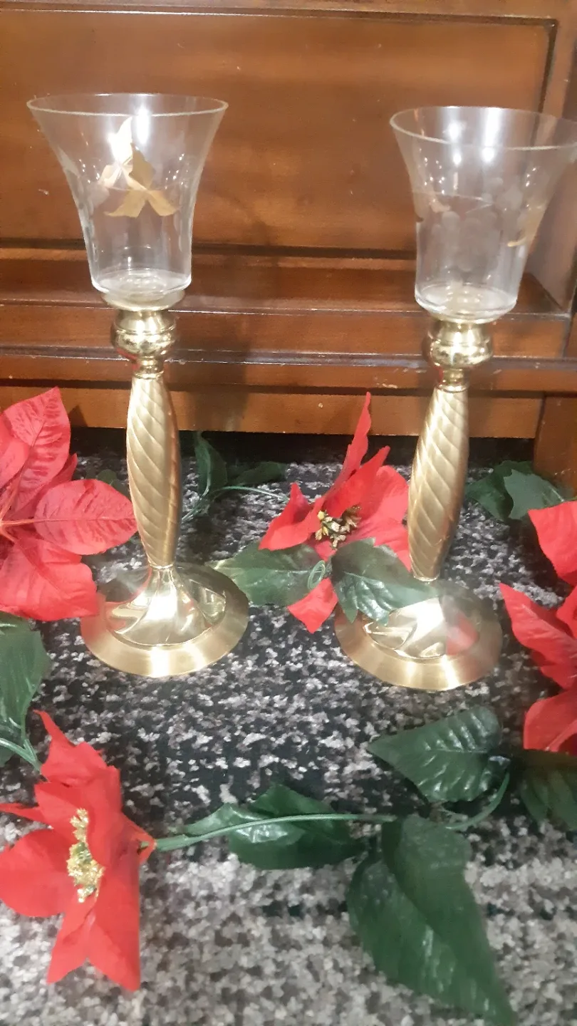Solid Brass & Glass Candle Holders (Pair) image indicator(5)