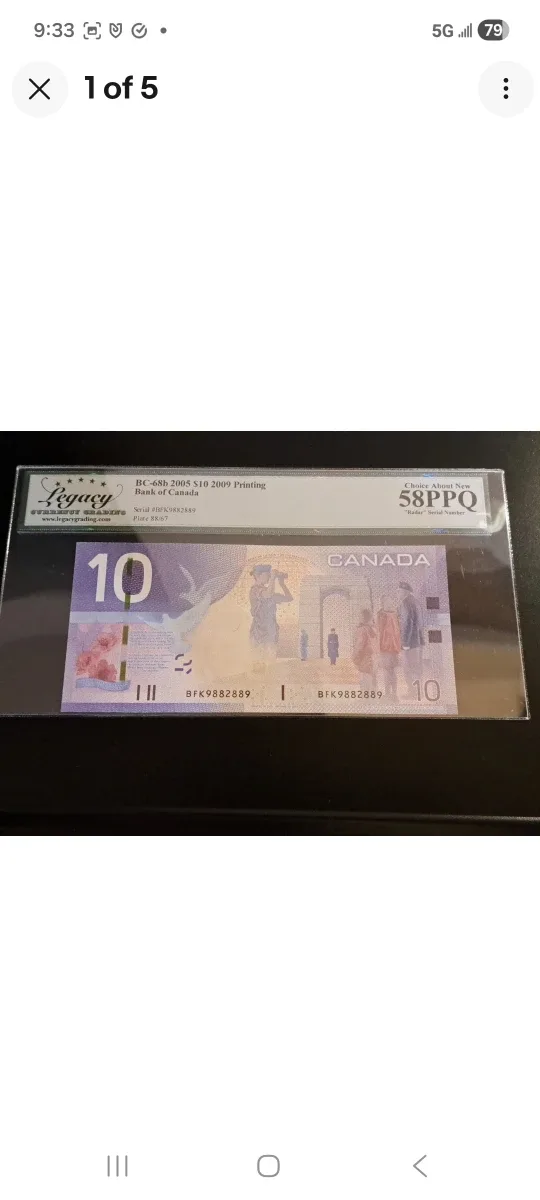 2005 Bank of Canada $10 bill, three digit radar, Legacy graded