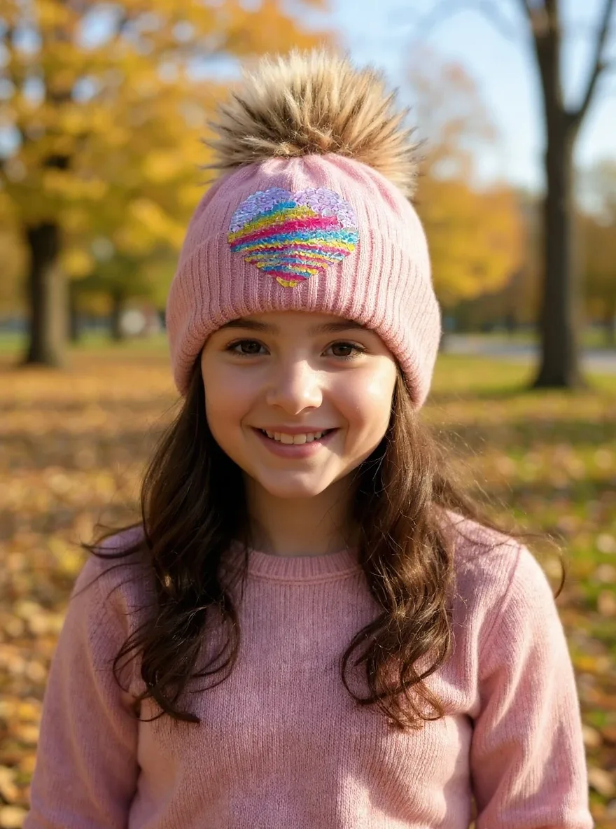 Girls' Pink Hat with Rainbow Heart