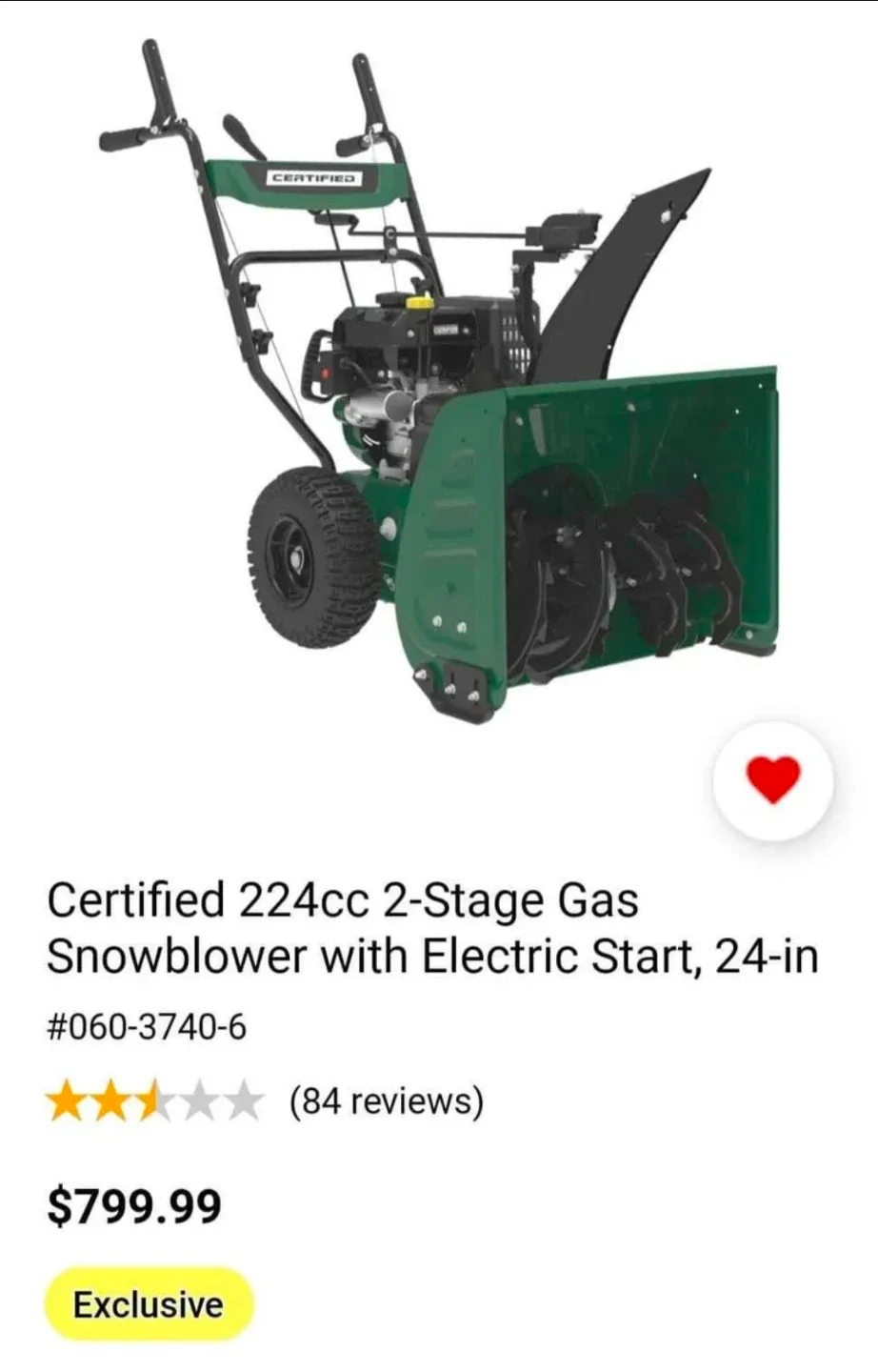 Certified 224cc 2-Stage Gas Snowblower 24-in